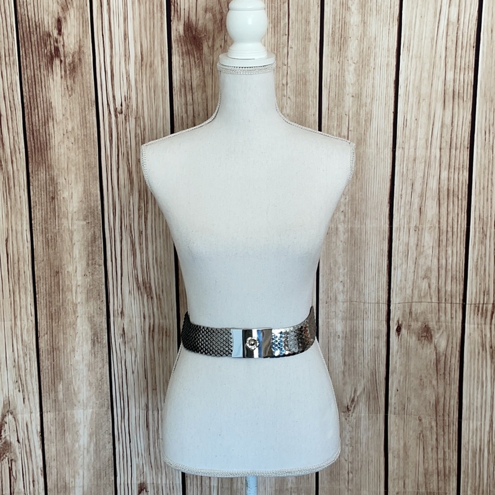 Vintage Mid Century Metallic ‘Fish Scale’ Stretchy Belt w/Flower Buckle accent